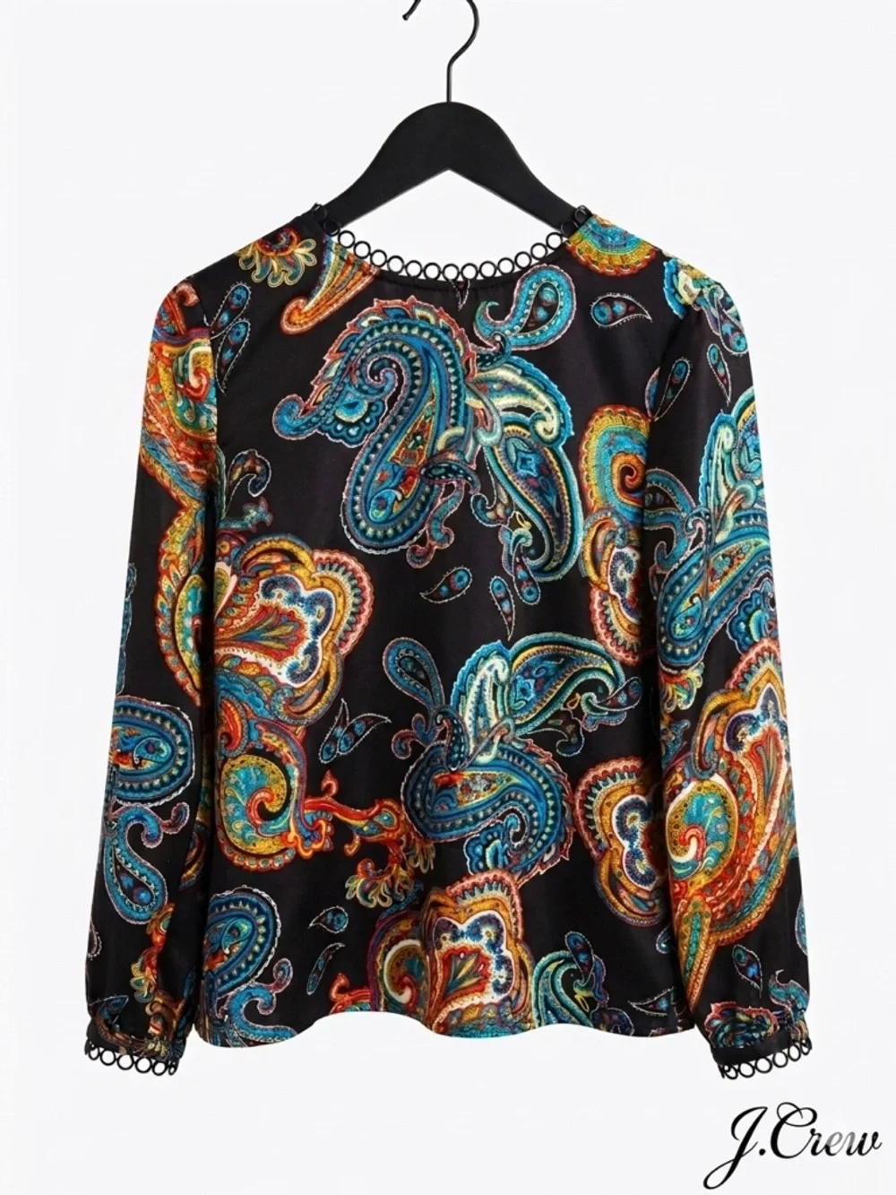 J.Crew 100% Silk Women’s Size 2 Twill Top In Bold Paisley Print Black